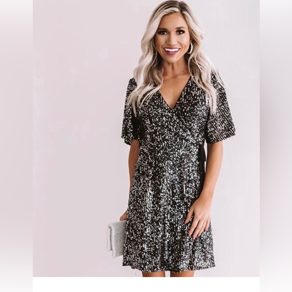 Black sequined wrap dress
